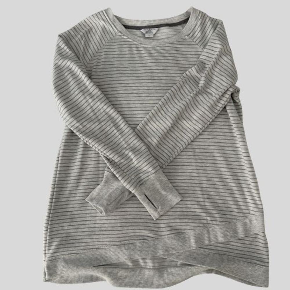 Danskin Gray Cream Stripe Pullover Sweatshirt Hi-Lo Hem Long Sleeve L